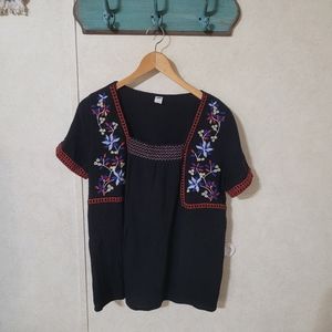 Old Navy cotton embroidered top black multicolor floral peasant boho prairie - M